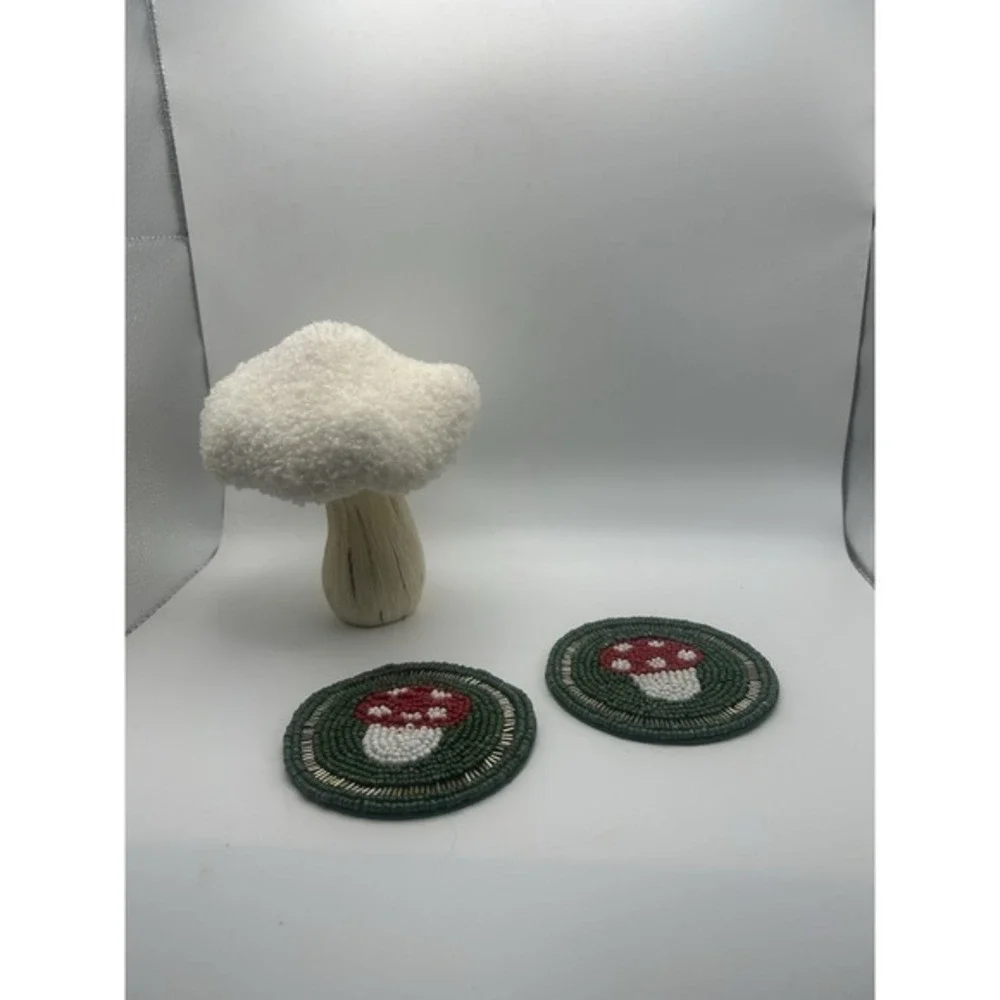3-PC Pair Mushroom Themed Beaded Coasters‎ & Decorative Mushroom Table Decor
